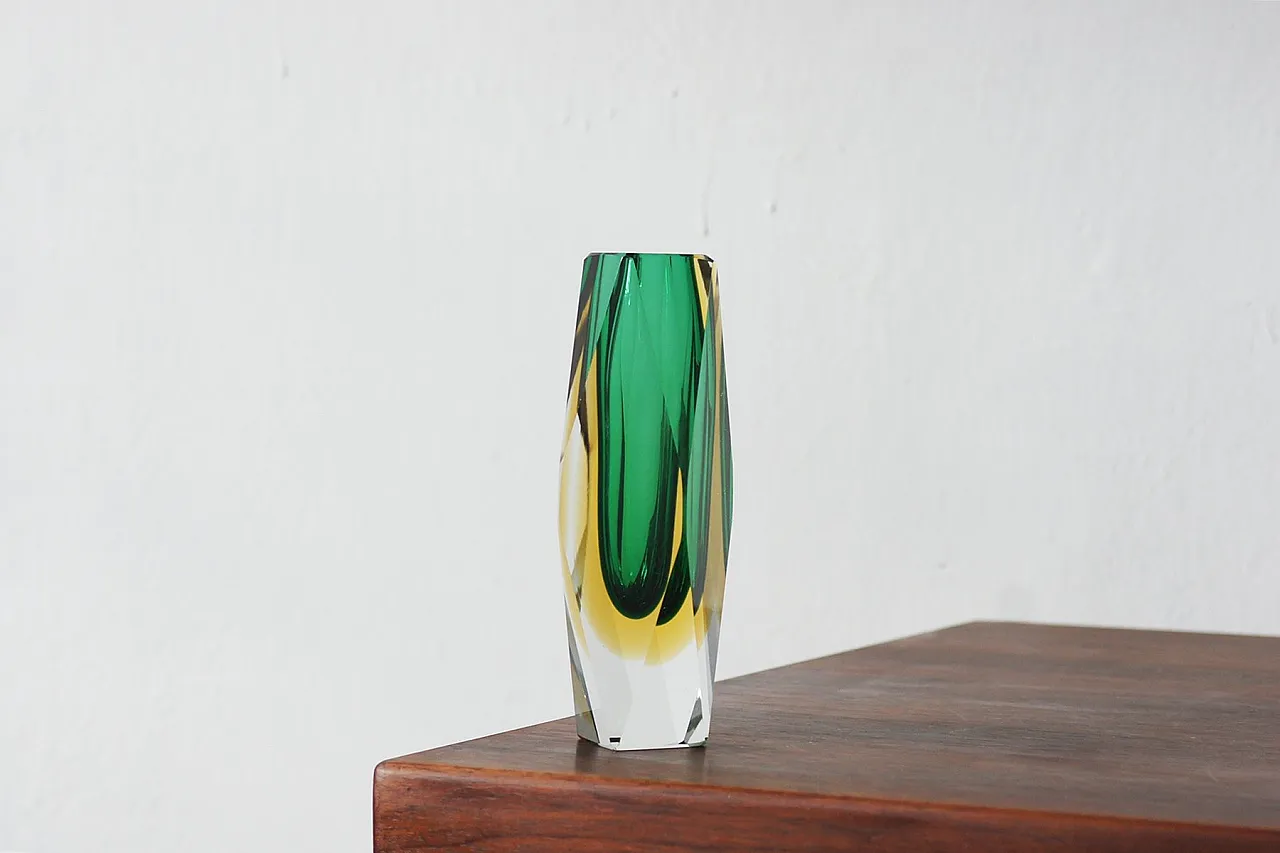 Faceted submerged vase in green and amber glass, 1960s 1