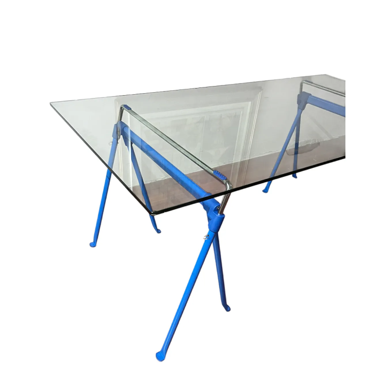 Ypsilon table with rectangular glass top and trestle base, 1980s 2