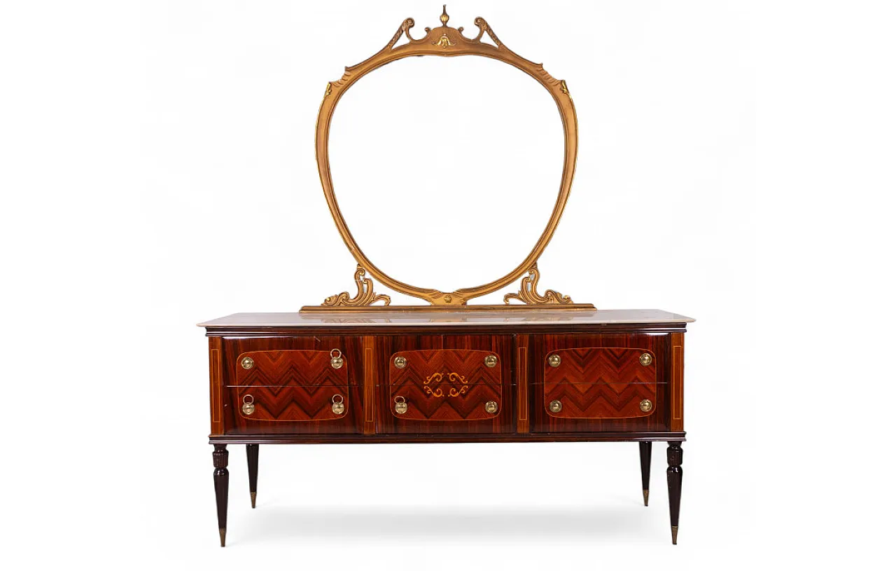 Comò con specchiera con piano in marmo e finiture dorate, anni '50 1
