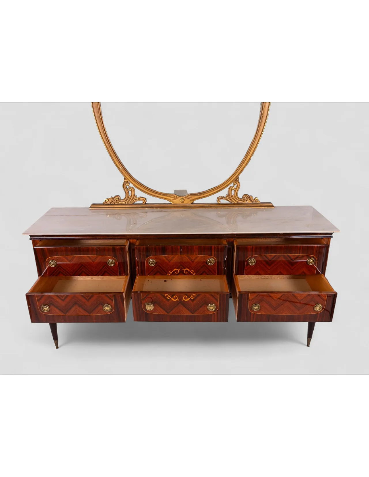 Comò con specchiera con piano in marmo e finiture dorate, anni '50 5