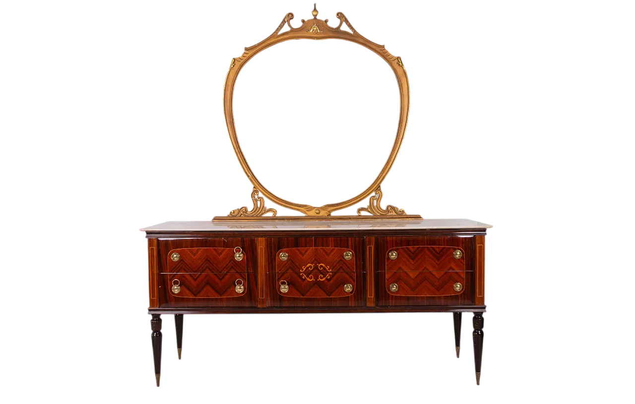 Comò con specchiera con piano in marmo e finiture dorate, anni '50 9