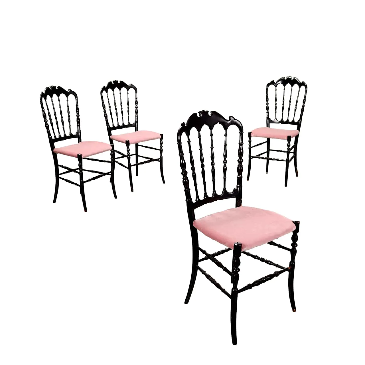 4 Chaivarina style chairs in black wood and pink velvet, 1950s 1