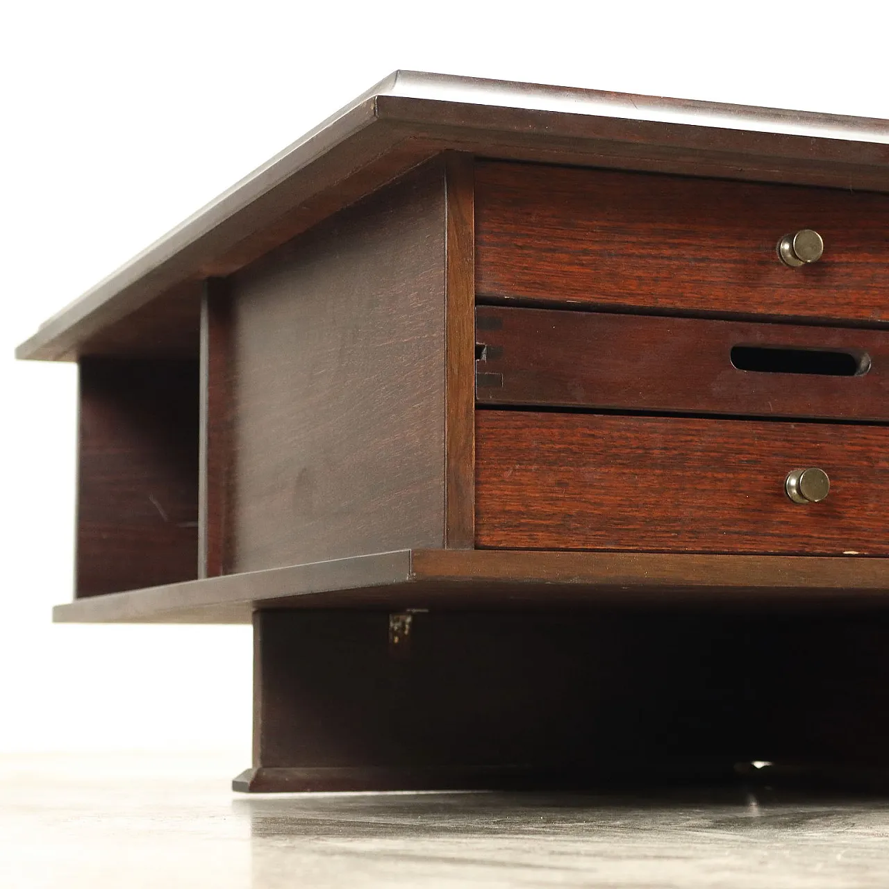 Exotic wood veneered coffee table with open compartments and drawers, 1970s 4