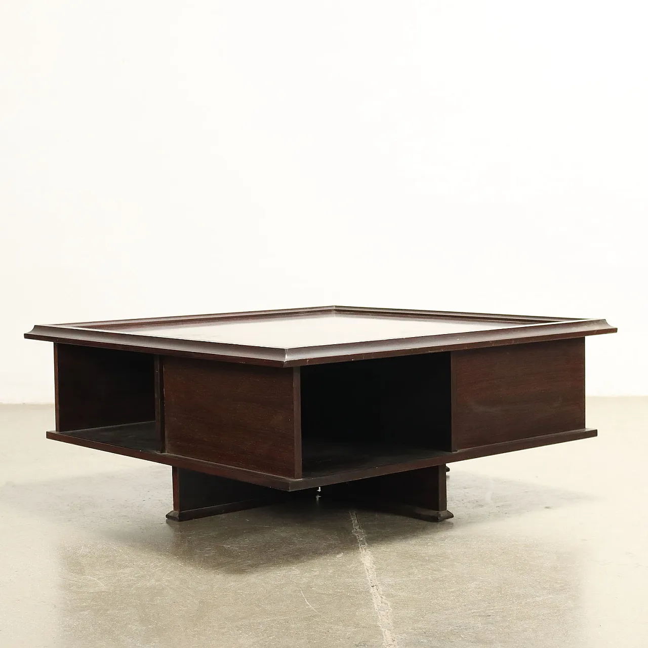 Exotic wood veneered coffee table with open compartments and drawers, 1970s 6