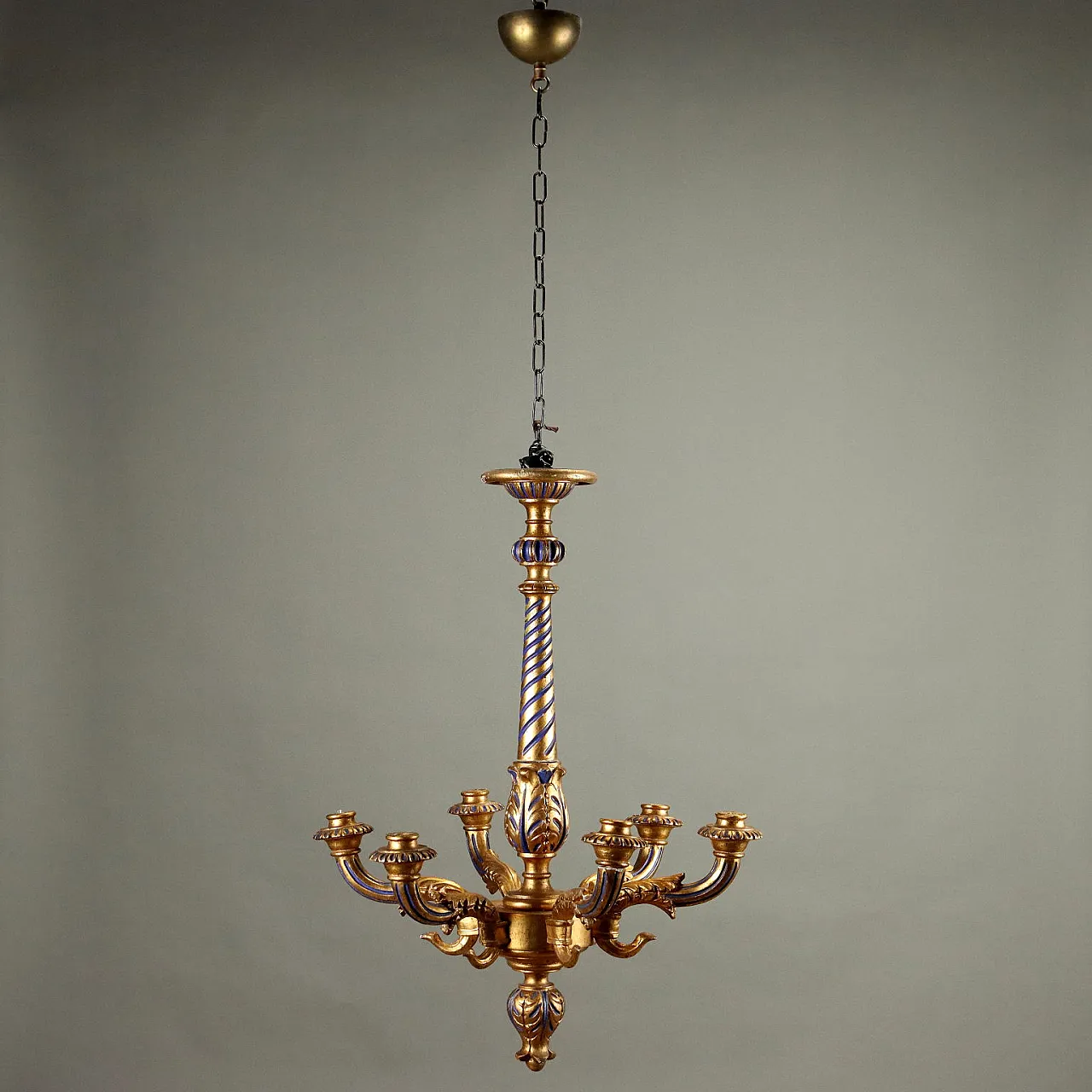 Neoclassical style chandelier in carved, gilded and painted wood 1