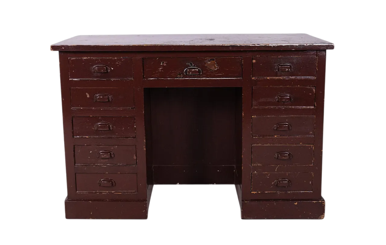 Scrivania in legno con 11 cassetti, finitura marrone, anni '40 7