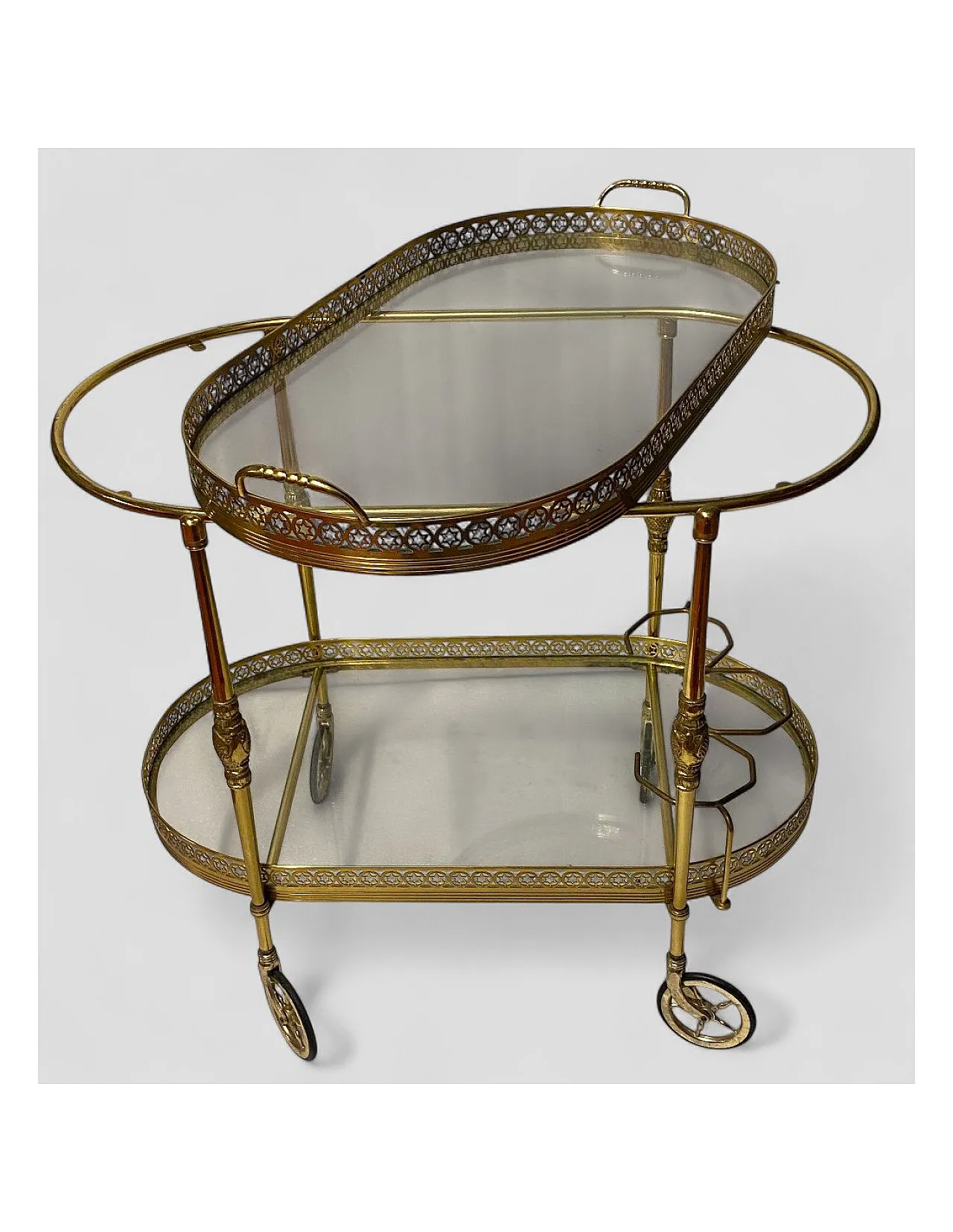 Carrello portavivande in ottone e vetro, anni '50 5