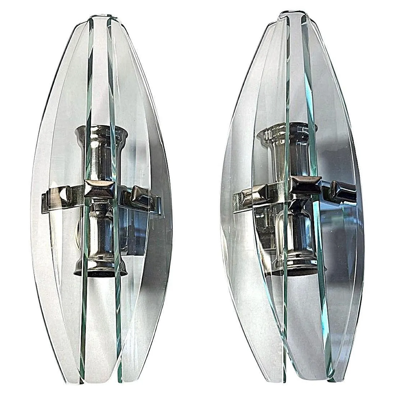 Coppia di applique in metallo e cristallo temperato, anni '70 1