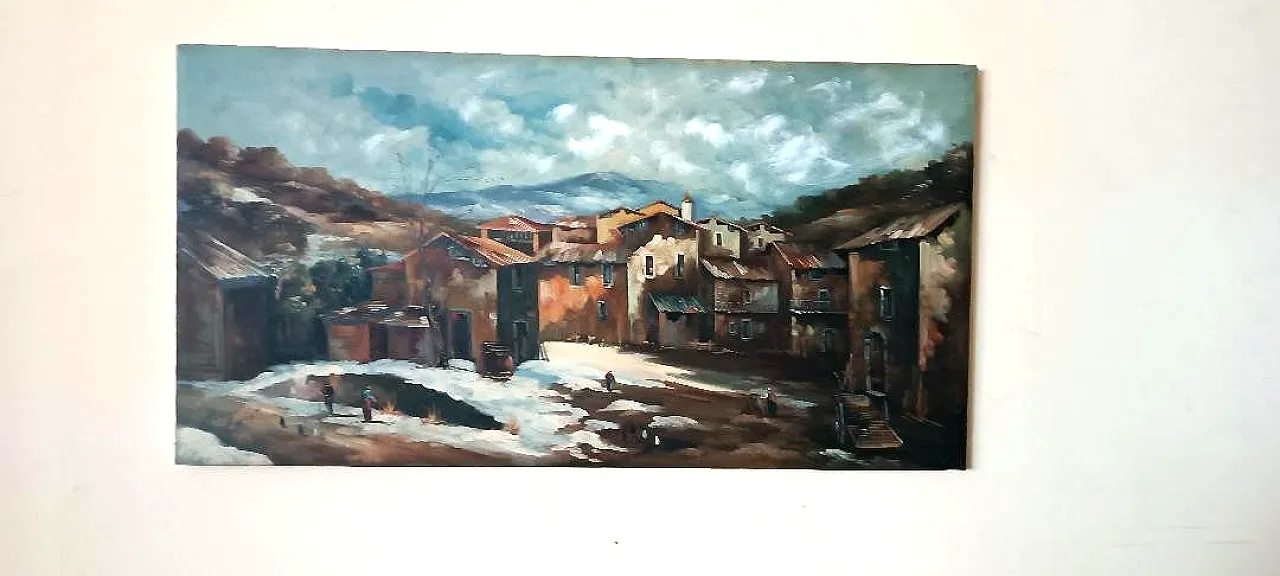 Landscape with village and characters, oil on canvas, 20th century 1