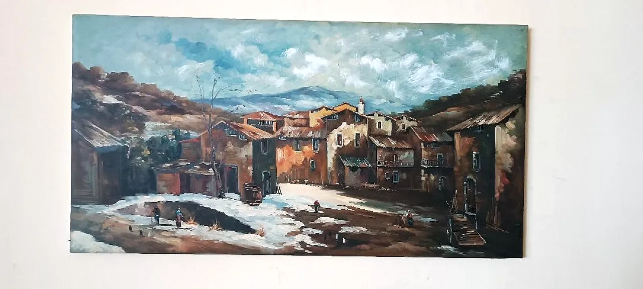 Landscape with village and characters, oil on canvas, 20th century 2