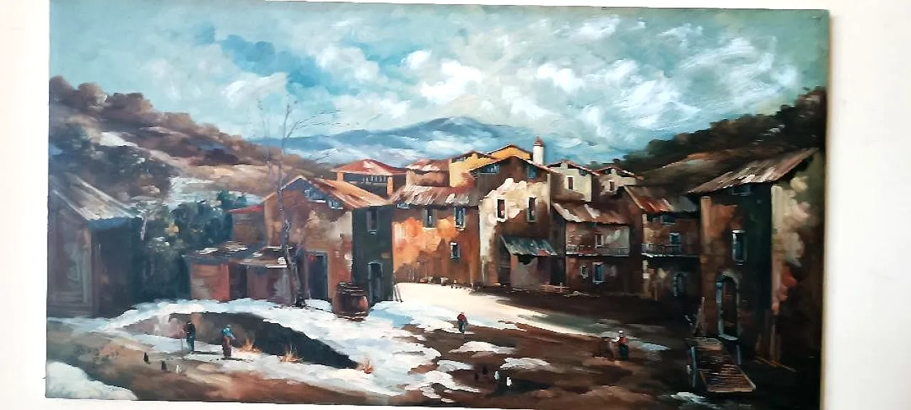 Landscape with village and characters, oil on canvas, 20th century 3