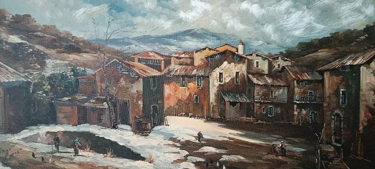 Landscape with village and characters, oil on canvas, 20th century 4