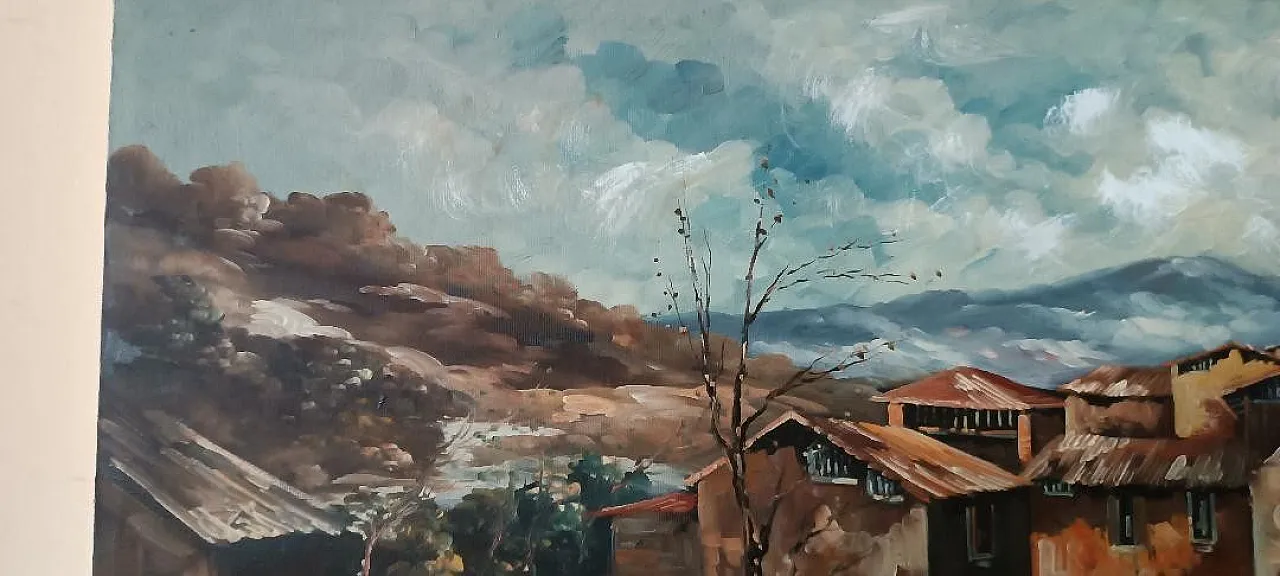 Landscape with village and characters, oil on canvas, 20th century 6