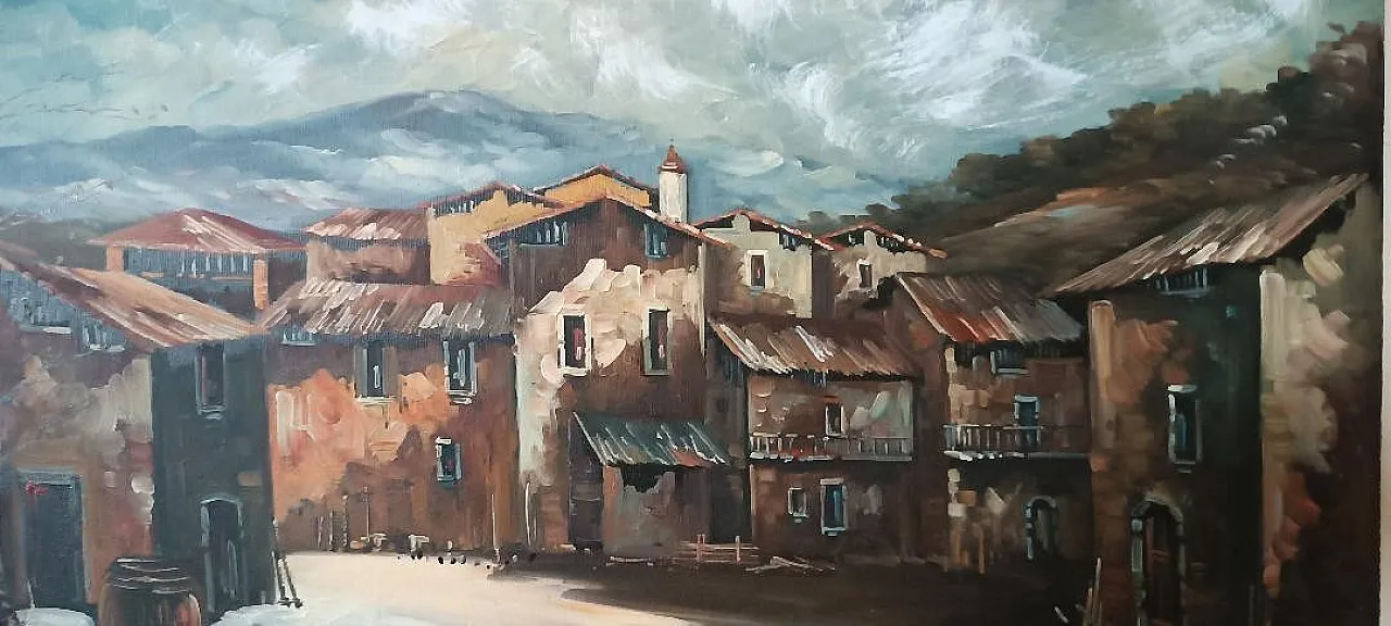 Landscape with village and characters, oil on canvas, 20th century 7