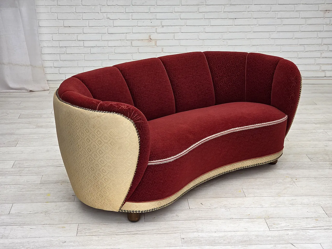 Danish curved 2-seater sofa, red/beige wool fabric, 1960s 1