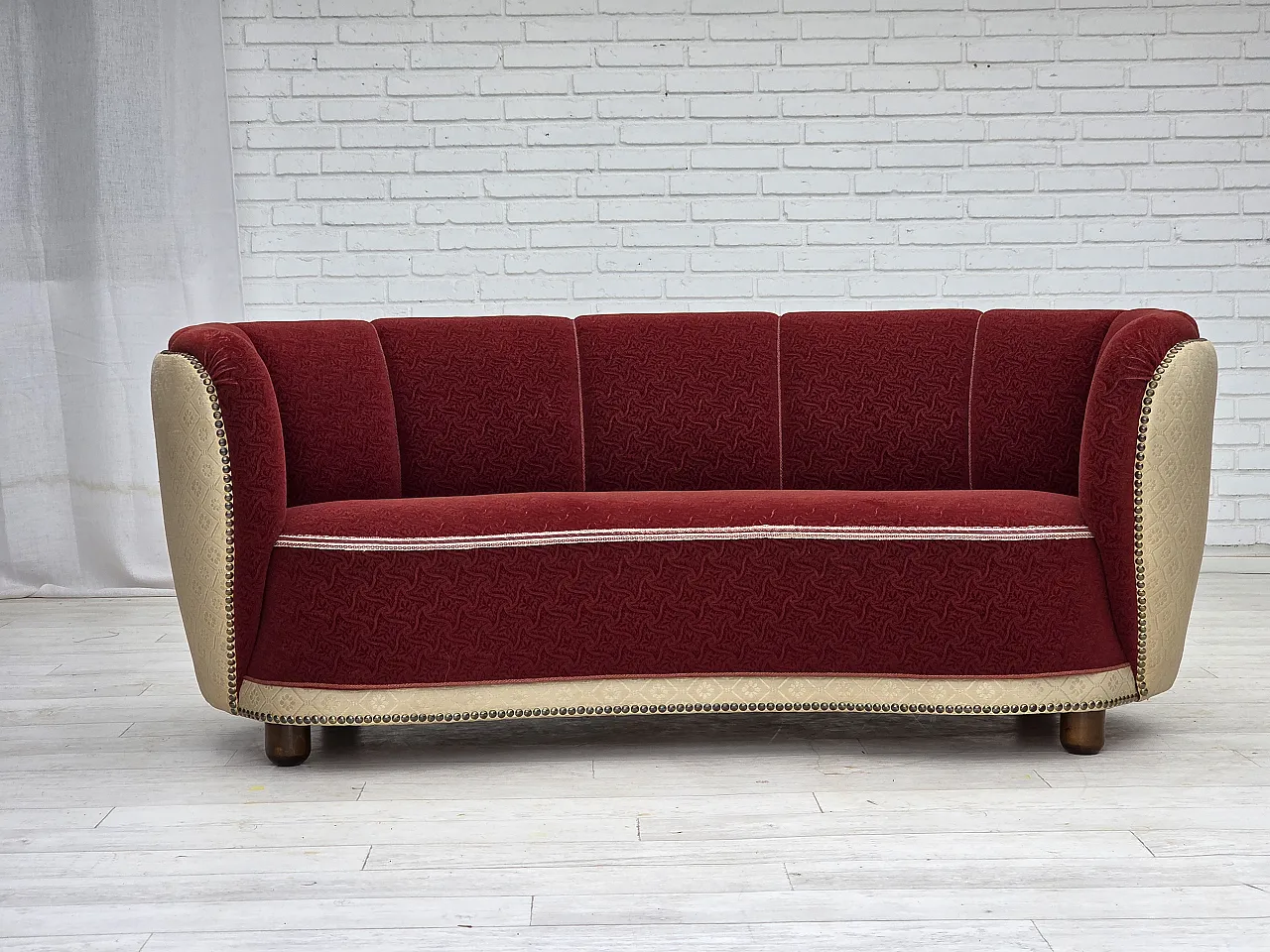 Danish curved 2-seater sofa, red/beige wool fabric, 1960s 2