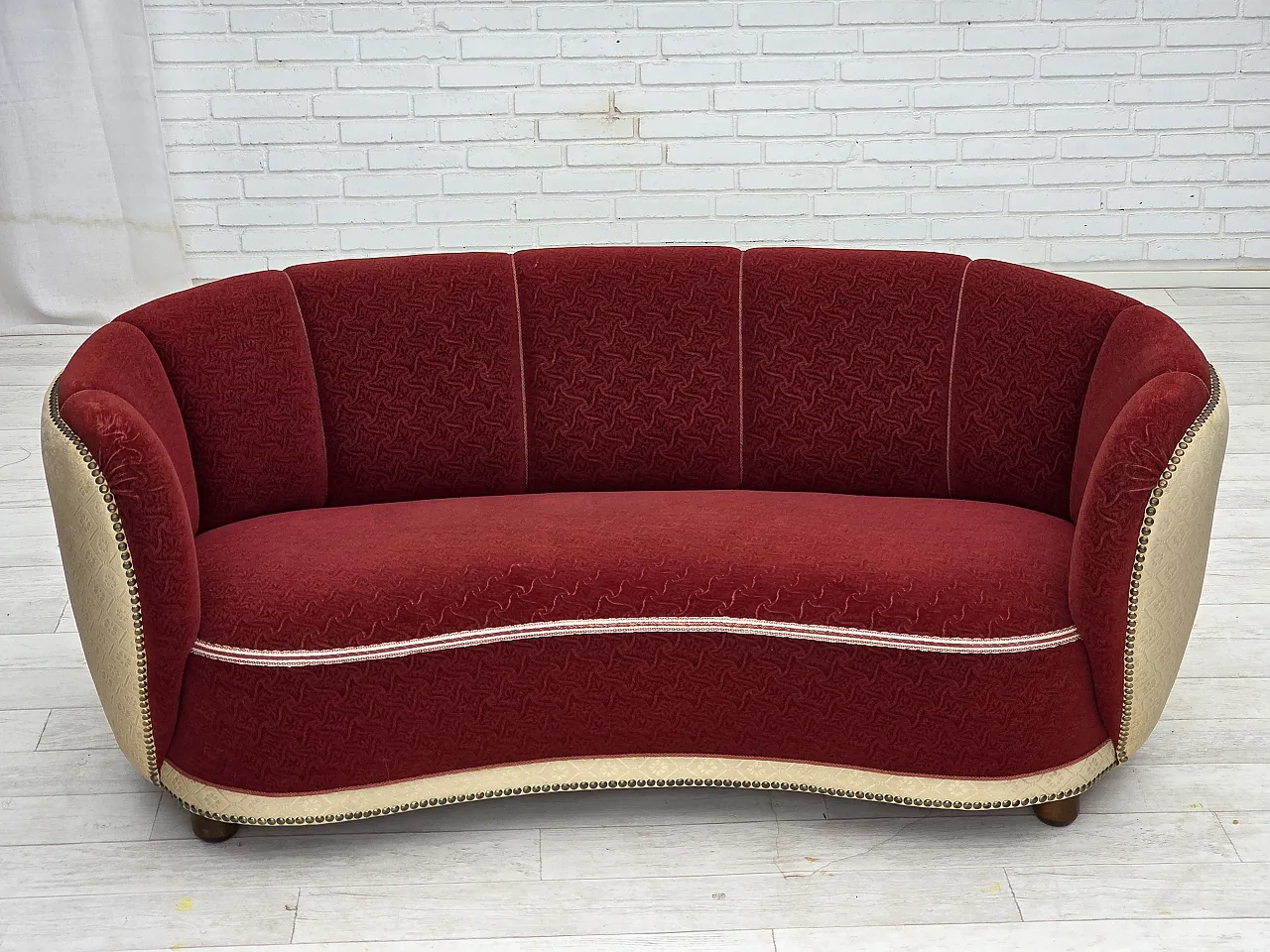 Danish curved 2-seater sofa, red/beige wool fabric, 1960s 3