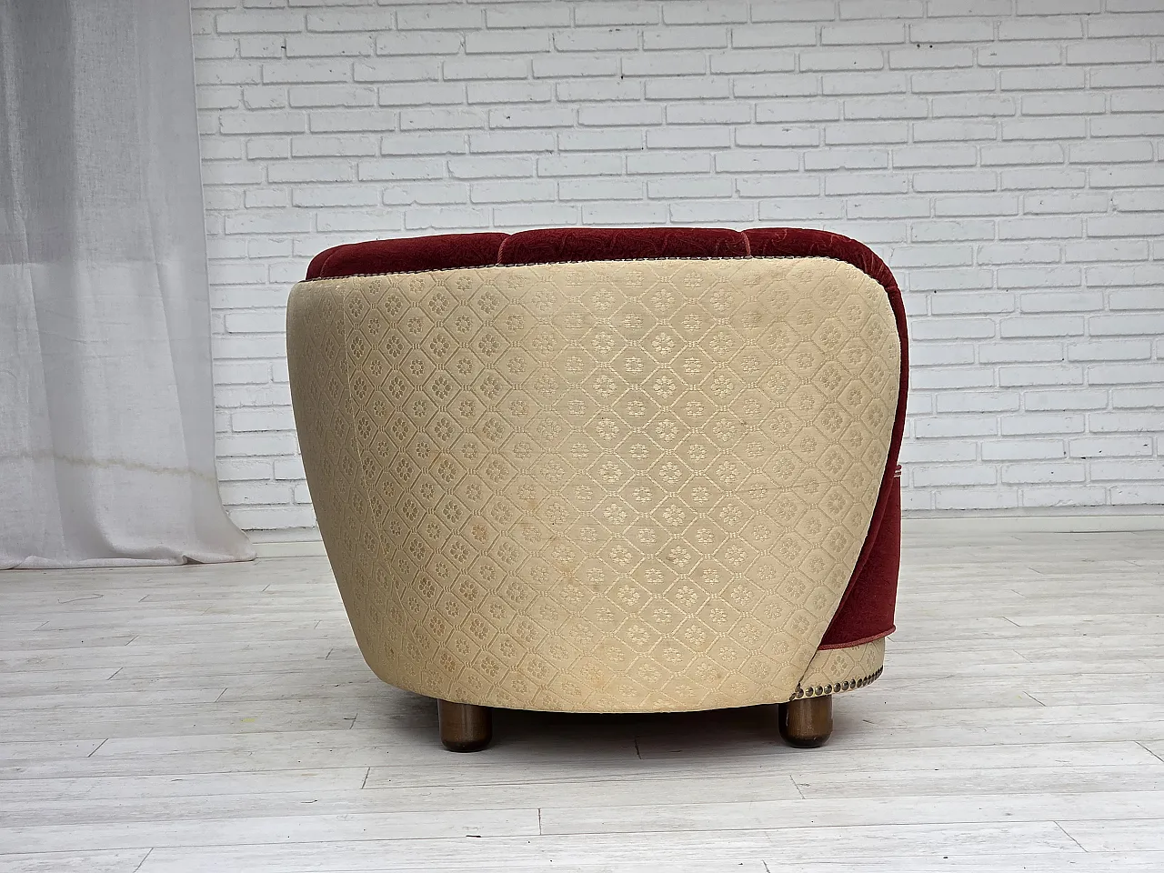 Danish curved 2-seater sofa, red/beige wool fabric, 1960s 8