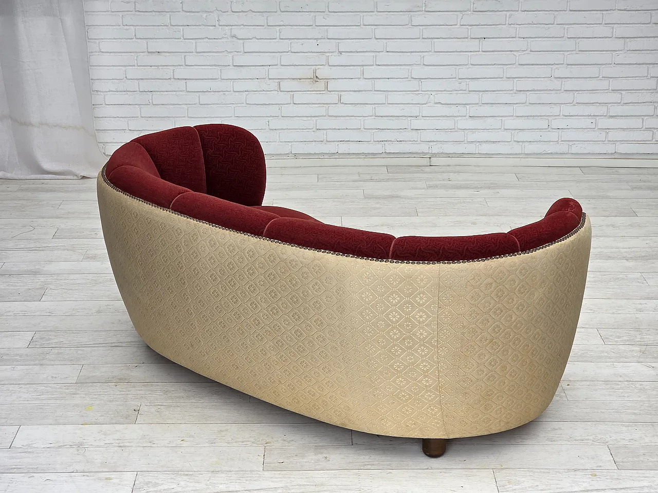 Danish curved 2-seater sofa, red/beige wool fabric, 1960s 12