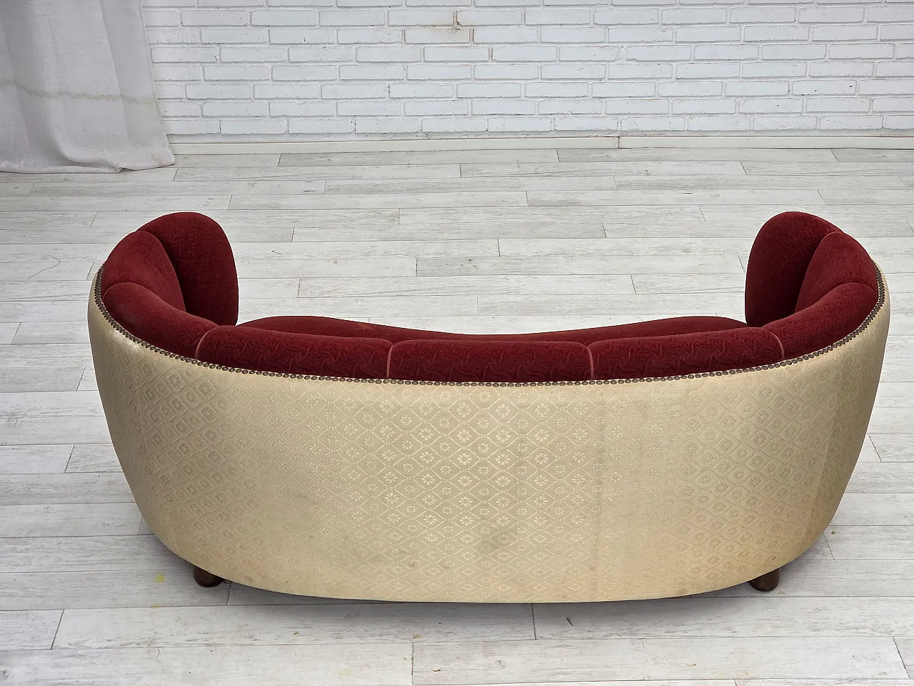 Danish curved 2-seater sofa, red/beige wool fabric, 1960s 13