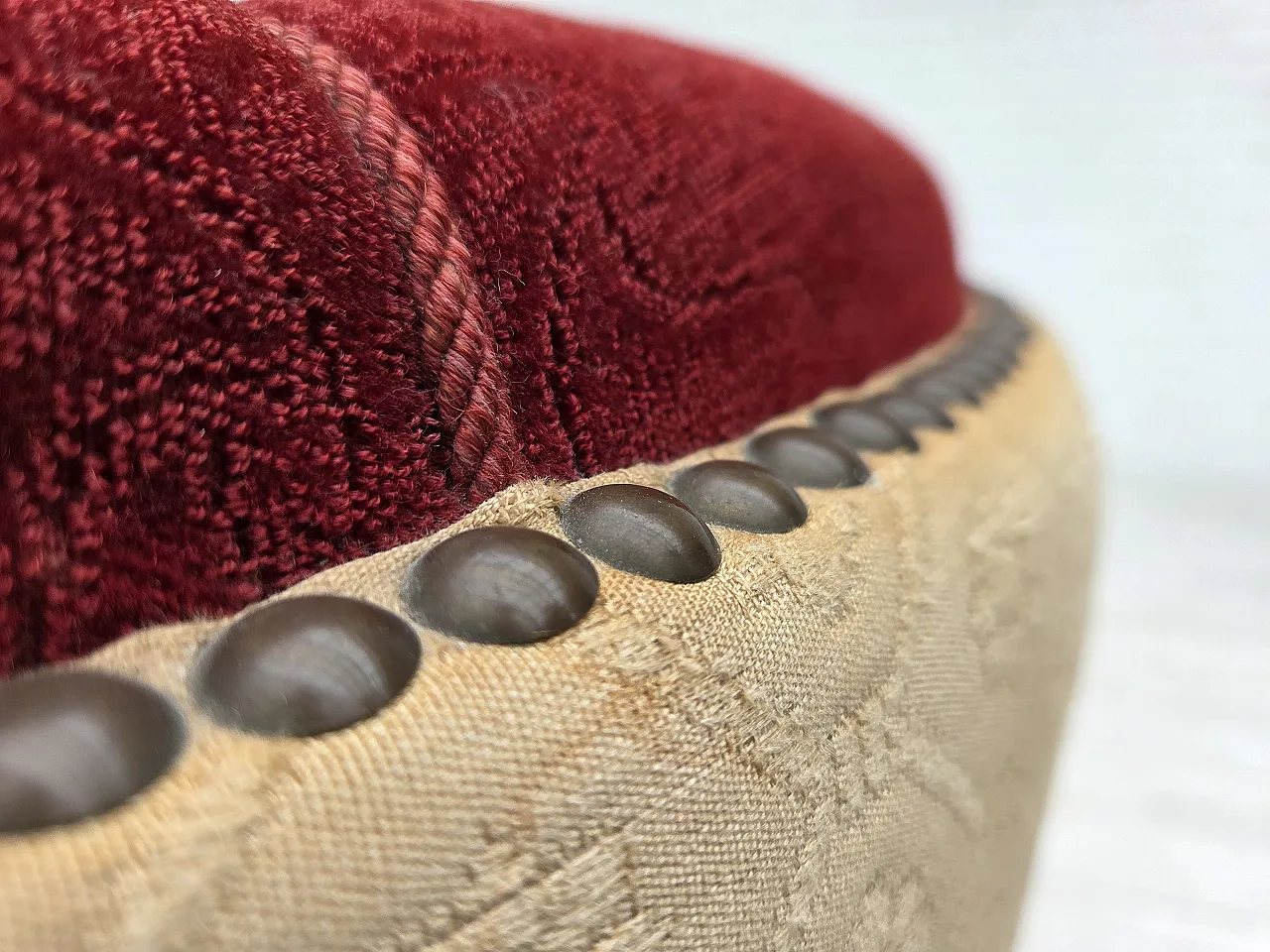 Danish curved 2-seater sofa, red/beige wool fabric, 1960s 14