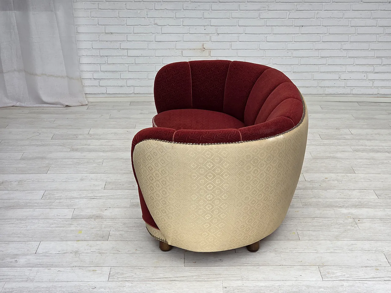 Danish curved 2-seater sofa, red/beige wool fabric, 1960s 15