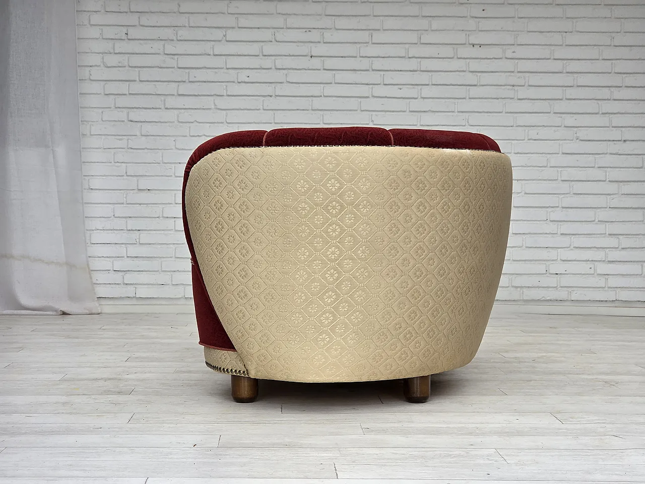 Danish curved 2-seater sofa, red/beige wool fabric, 1960s 16