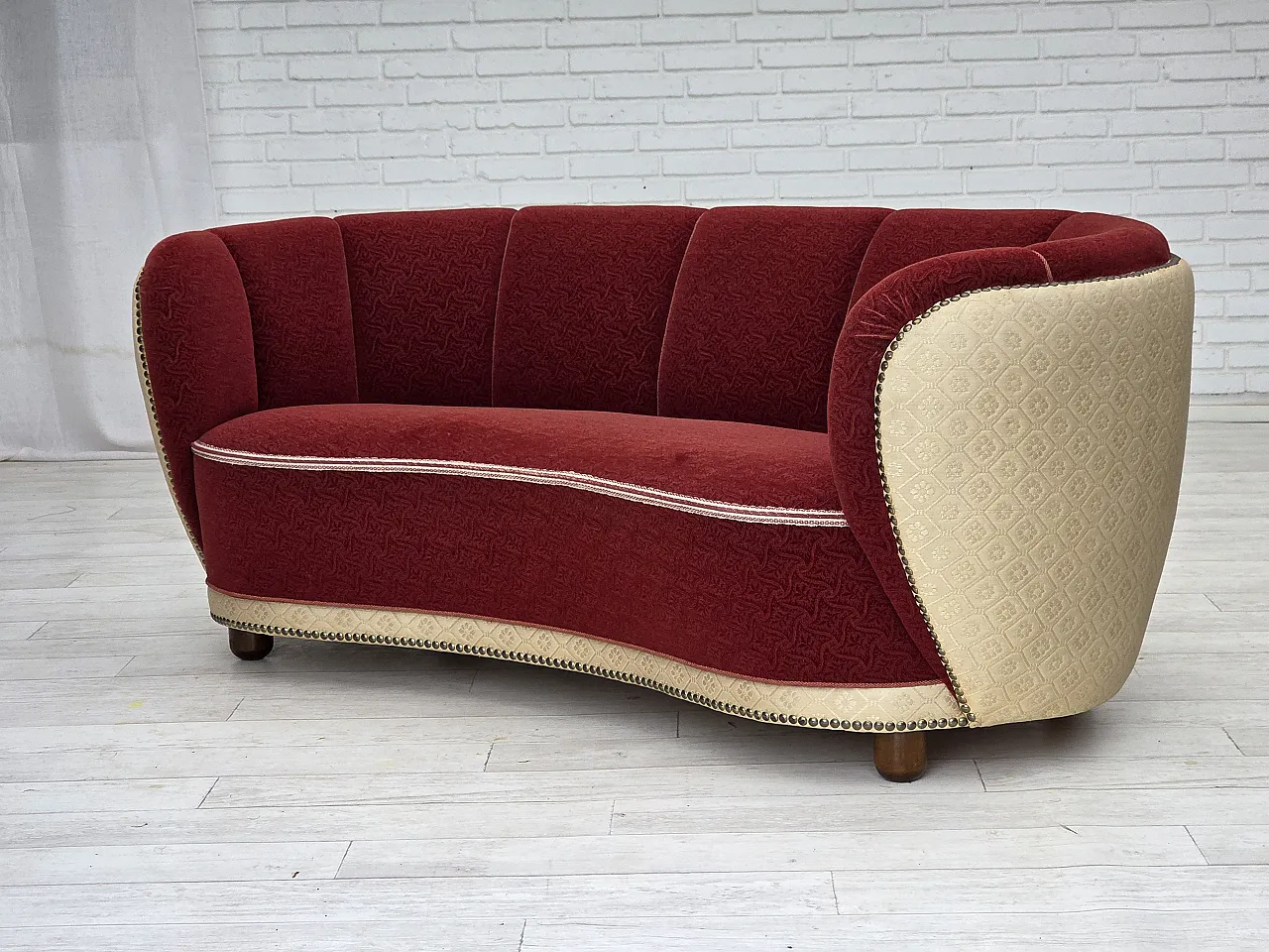 Danish curved 2-seater sofa, red/beige wool fabric, 1960s 19