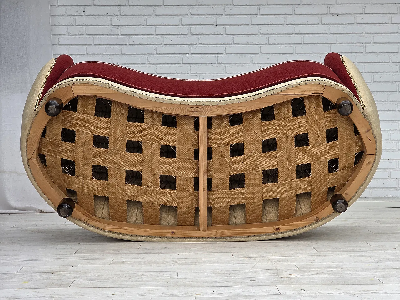 Danish curved 2-seater sofa, red/beige wool fabric, 1960s 20
