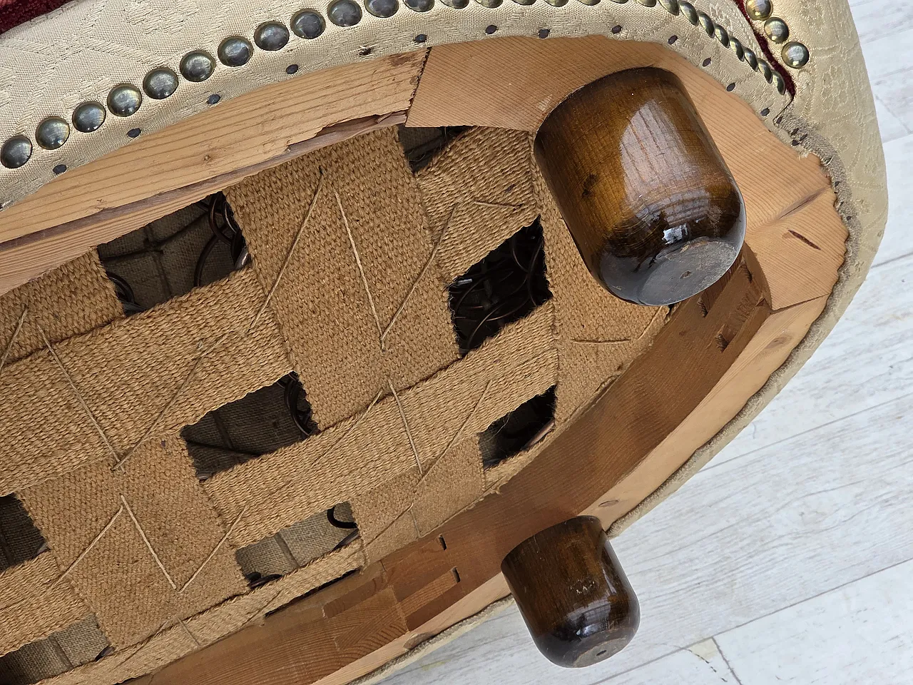 Danish curved 2-seater sofa, red/beige wool fabric, 1960s 21