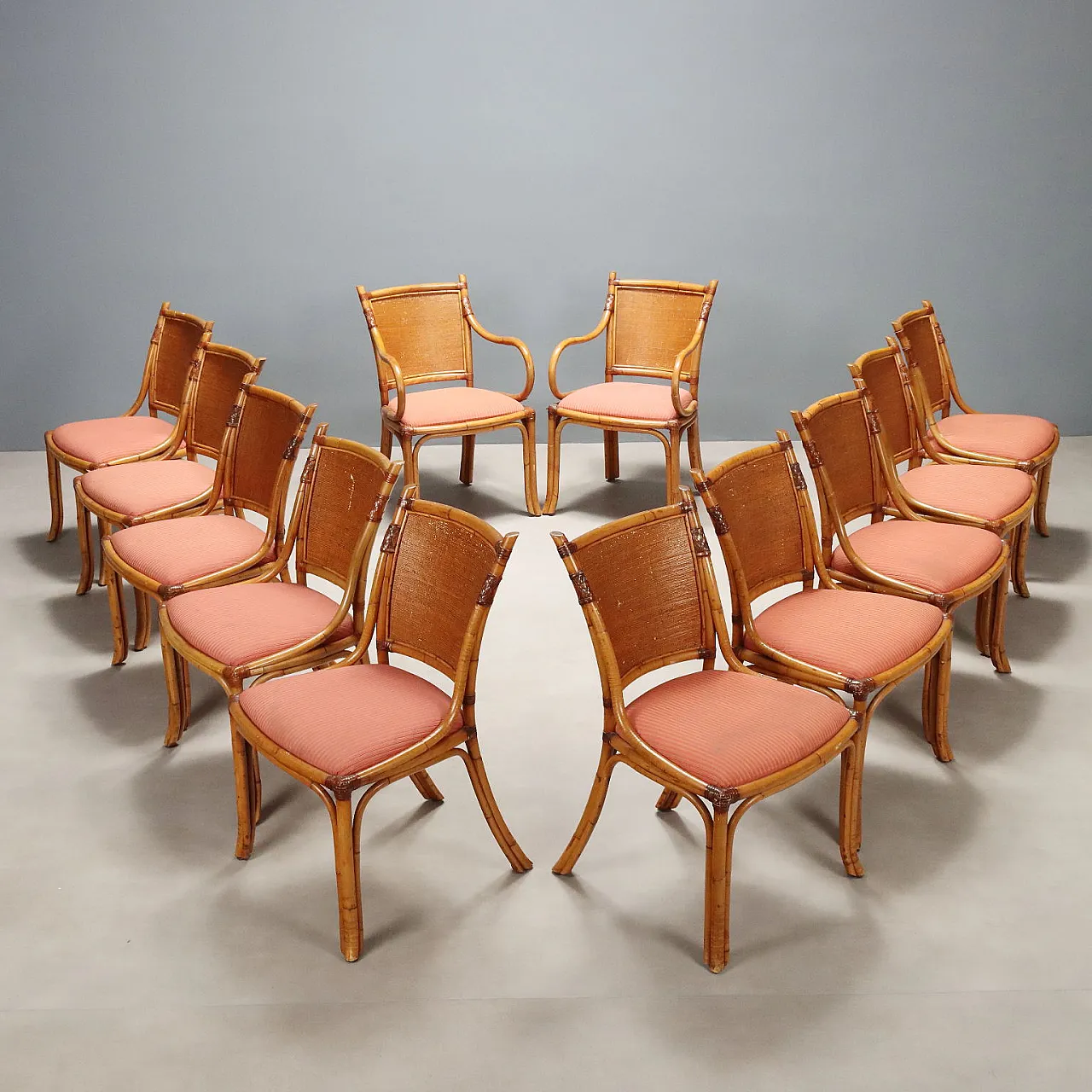 12 Chairs in bamboo, wicker and fabric, 1960s 1