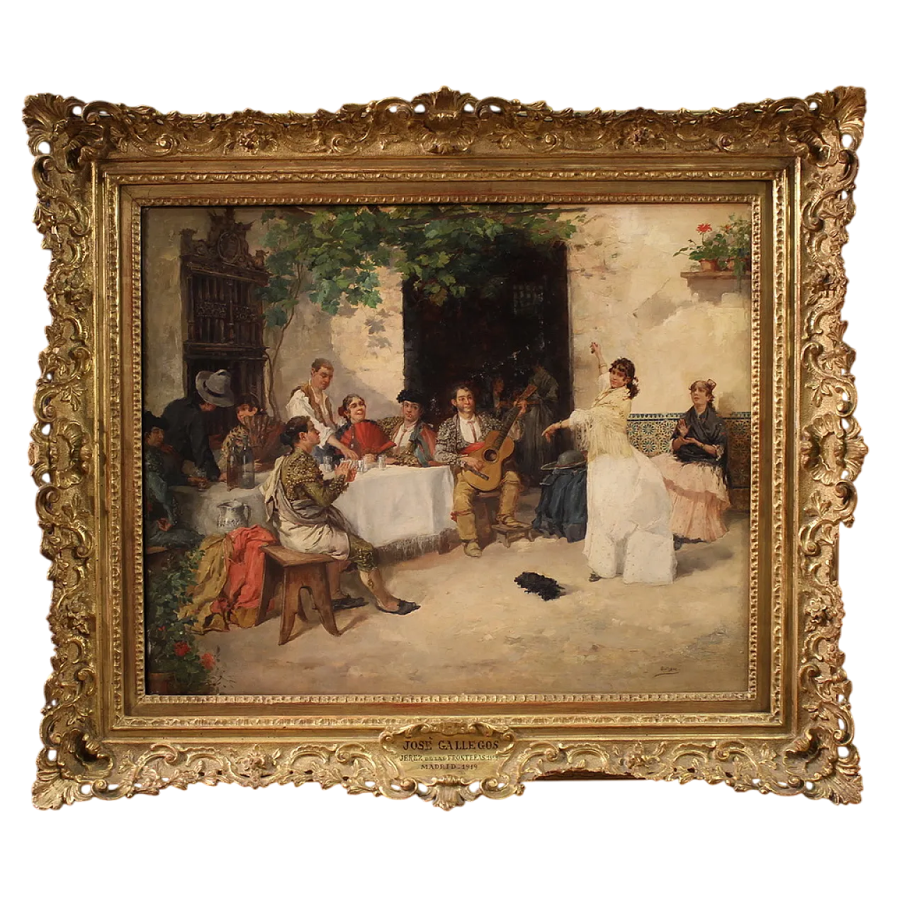 Spanish painting with flamenco dancer, signed Galgos 16