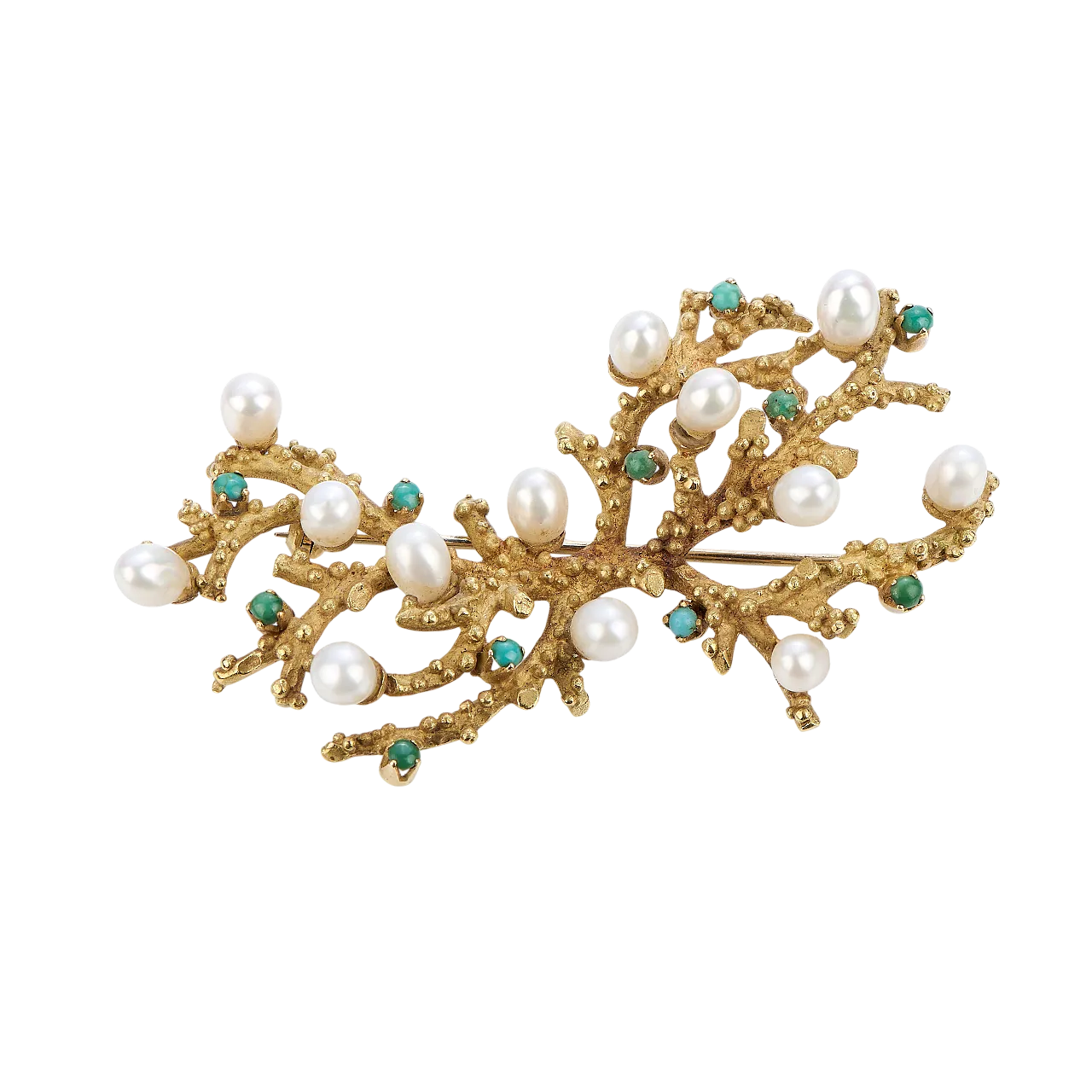 Spilla in oro 18kt con perle e turchesi 8