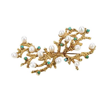 Spilla in oro 18kt con perle e turchesi