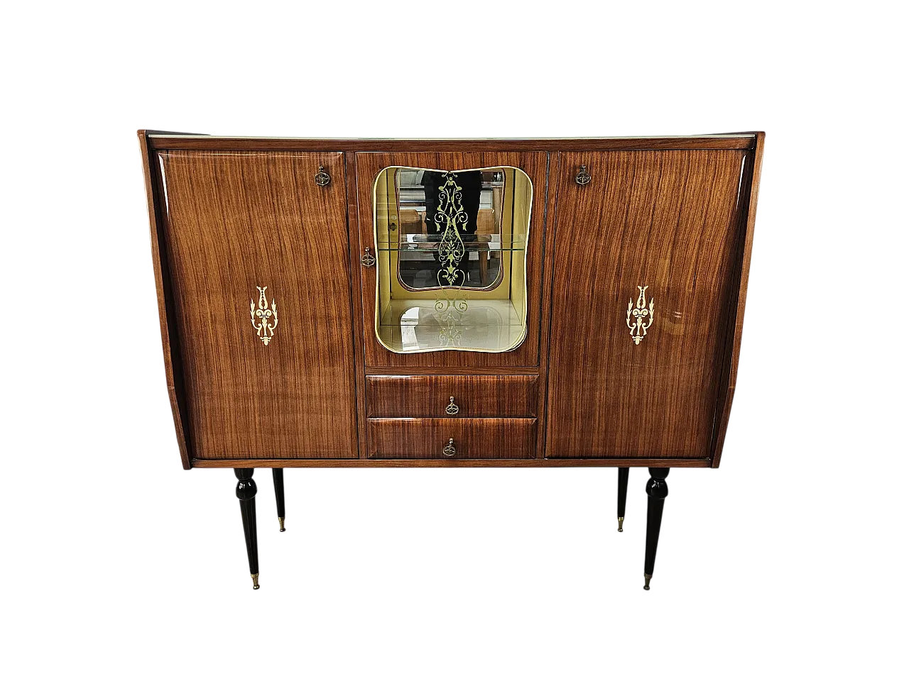 Mid Century showcase covered in mahogany with glass top 26