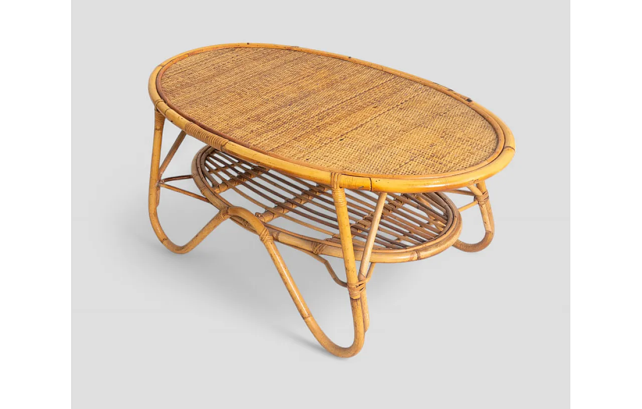 Tavolino da salotto in bambù e rattan, anni '60 2