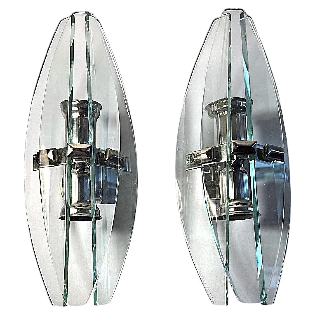 Coppia di applique in metallo e cristallo temperato, anni '70 19