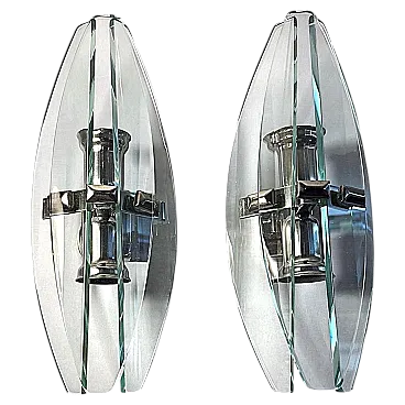 Coppia di applique in metallo e cristallo temperato, anni '70