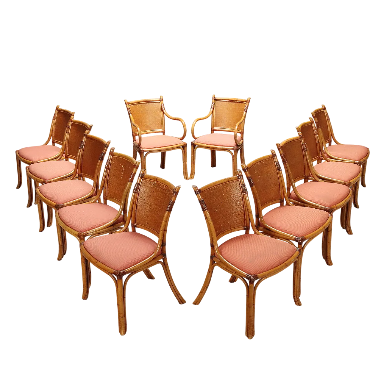 12 Chairs in bamboo, wicker and fabric, 1960s 11