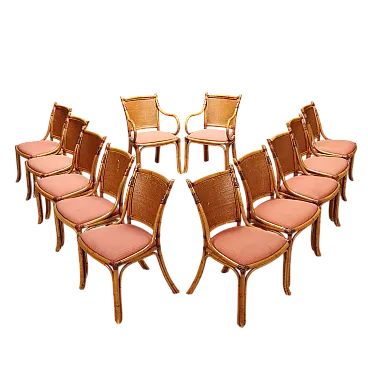 12 Chairs in bamboo, wicker and fabric, 1960s