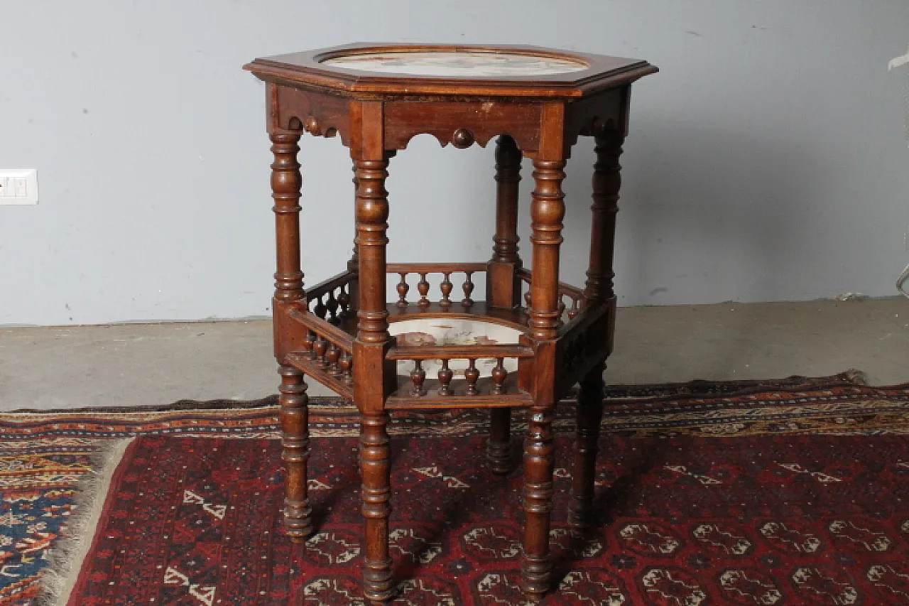 Liberty hexagonal table with painted ceramic plans, 30s 1