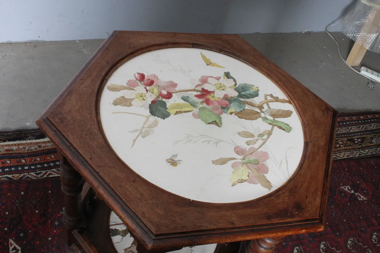 Liberty hexagonal table with painted ceramic plans, 30s 4