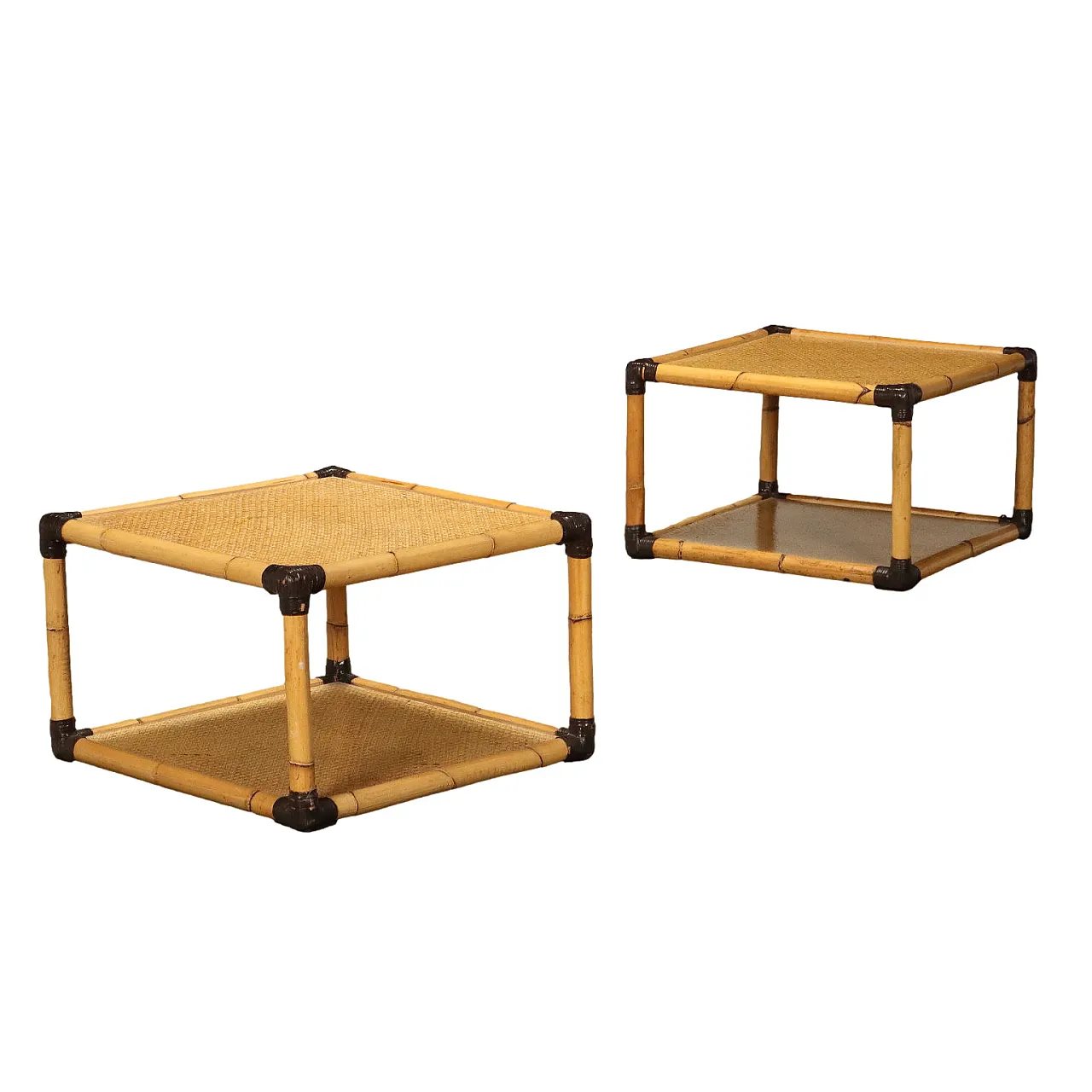 Pair of square bamboo coffee tables, 1980s 1