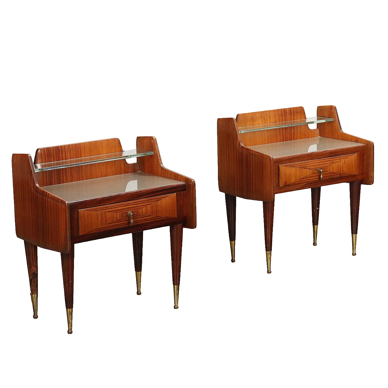 Pair of wooden bedside tables with drawer and glass shelf, 1950s 1