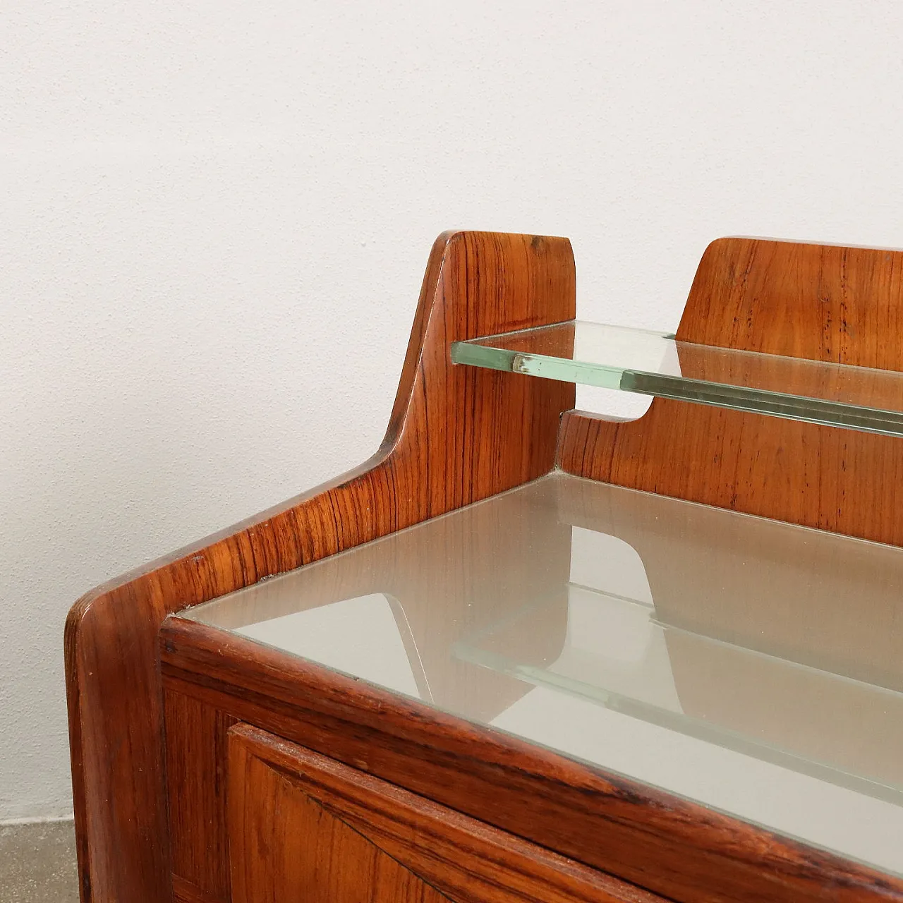 Pair of wooden bedside tables with drawer and glass shelf, 1950s 3