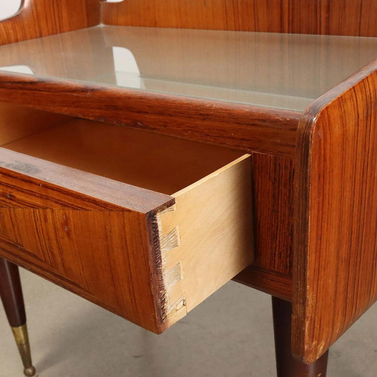 Pair of wooden bedside tables with drawer and glass shelf, 1950s 4