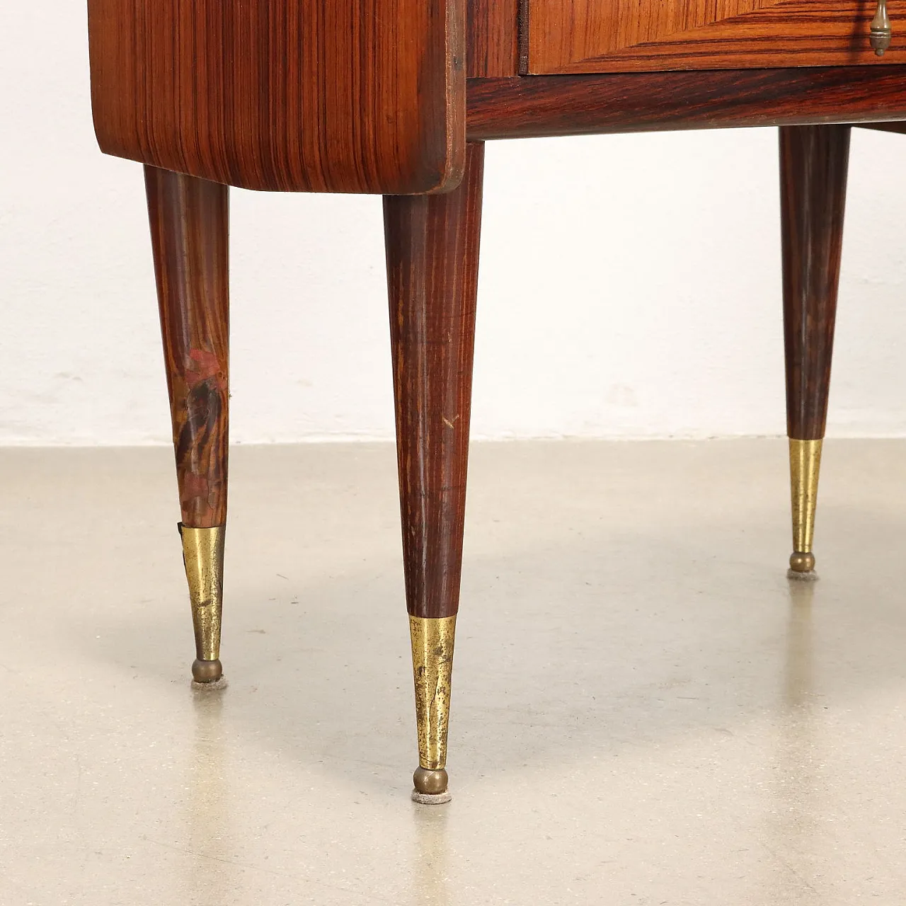 Pair of wooden bedside tables with drawer and glass shelf, 1950s 6