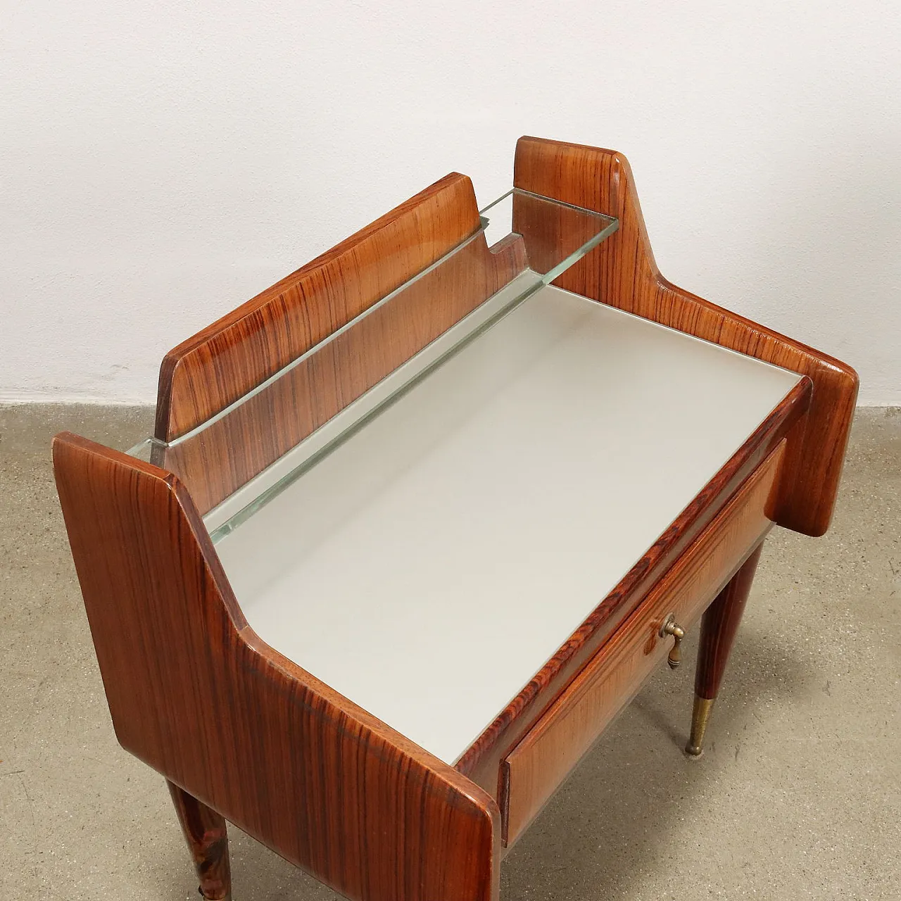 Pair of wooden bedside tables with drawer and glass shelf, 1950s 7