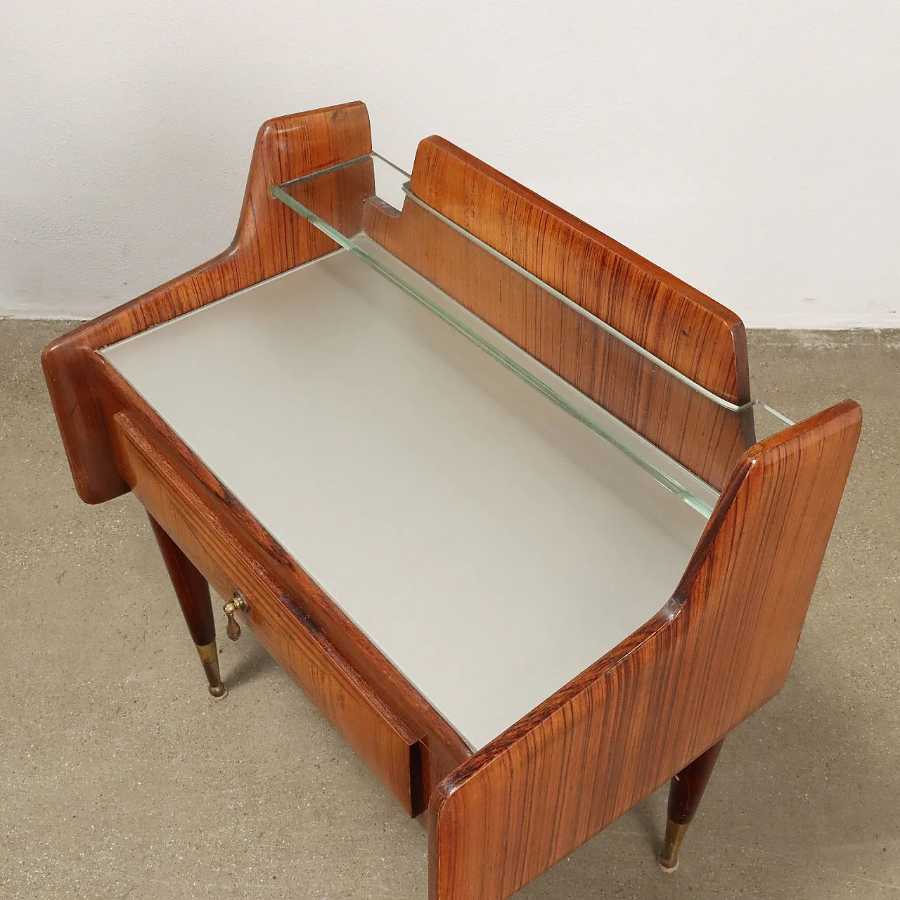 Pair of wooden bedside tables with drawer and glass shelf, 1950s 8