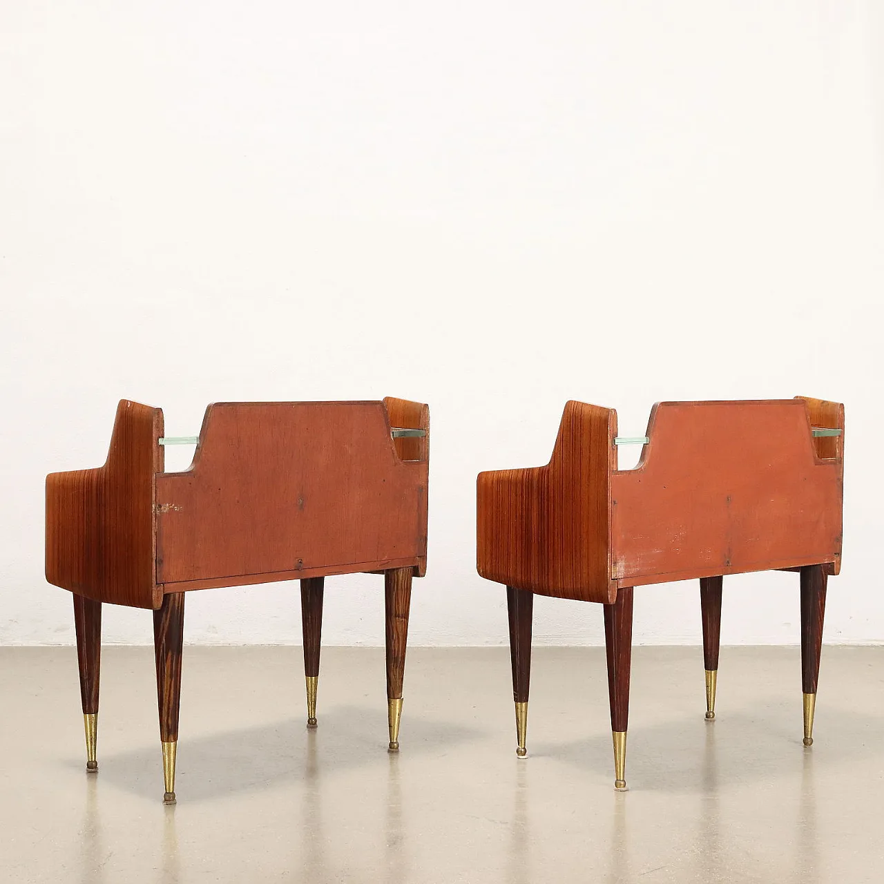Pair of wooden bedside tables with drawer and glass shelf, 1950s 9